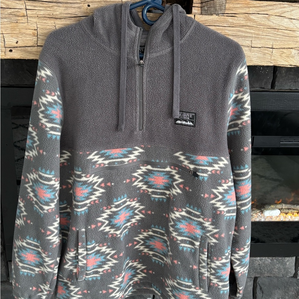 Kavu Gray and Blue Patterned Zip Up Sweater